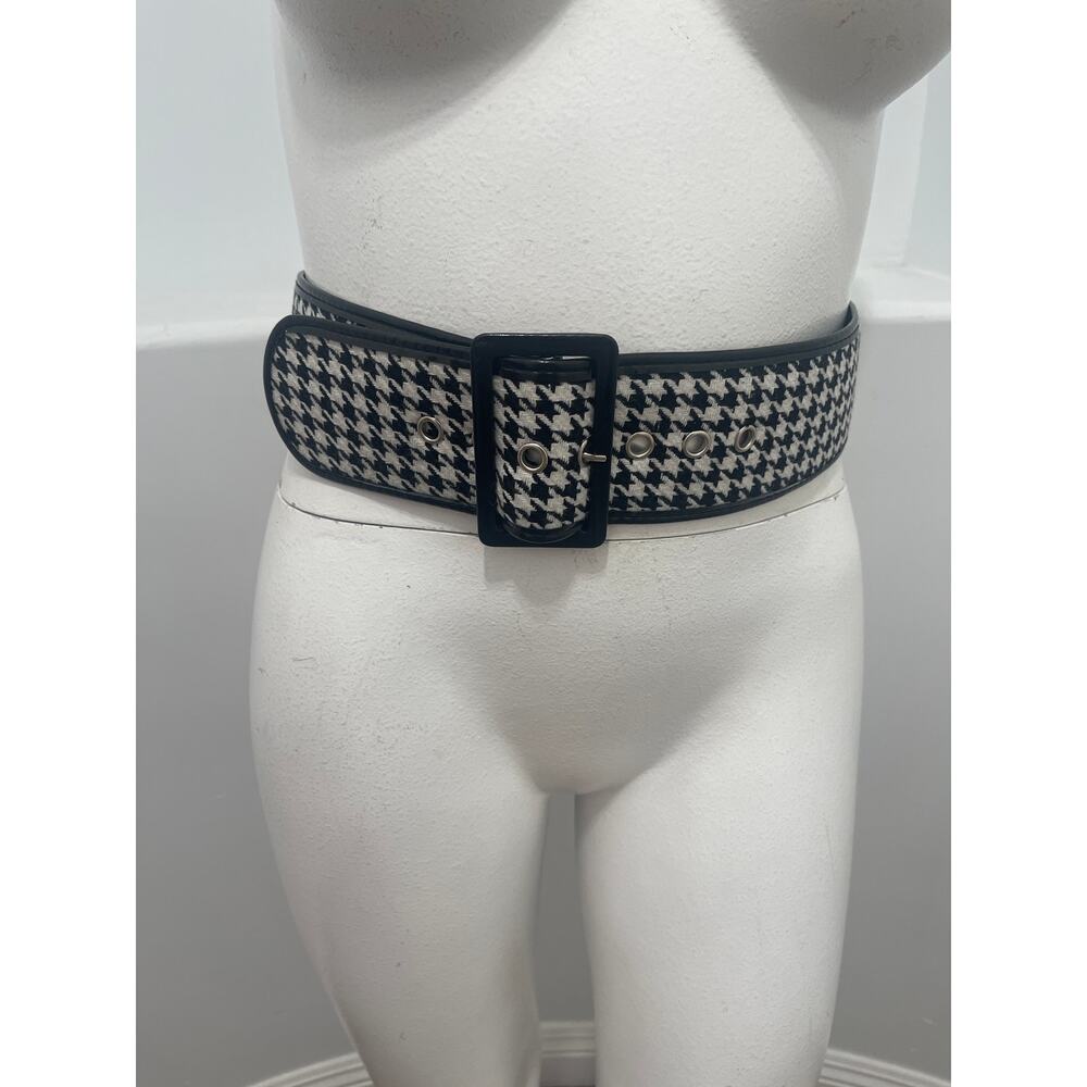 Houndstooth  pattern black & white belt textile faux leather adjustable holes
